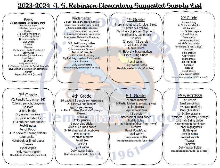  School Supply List